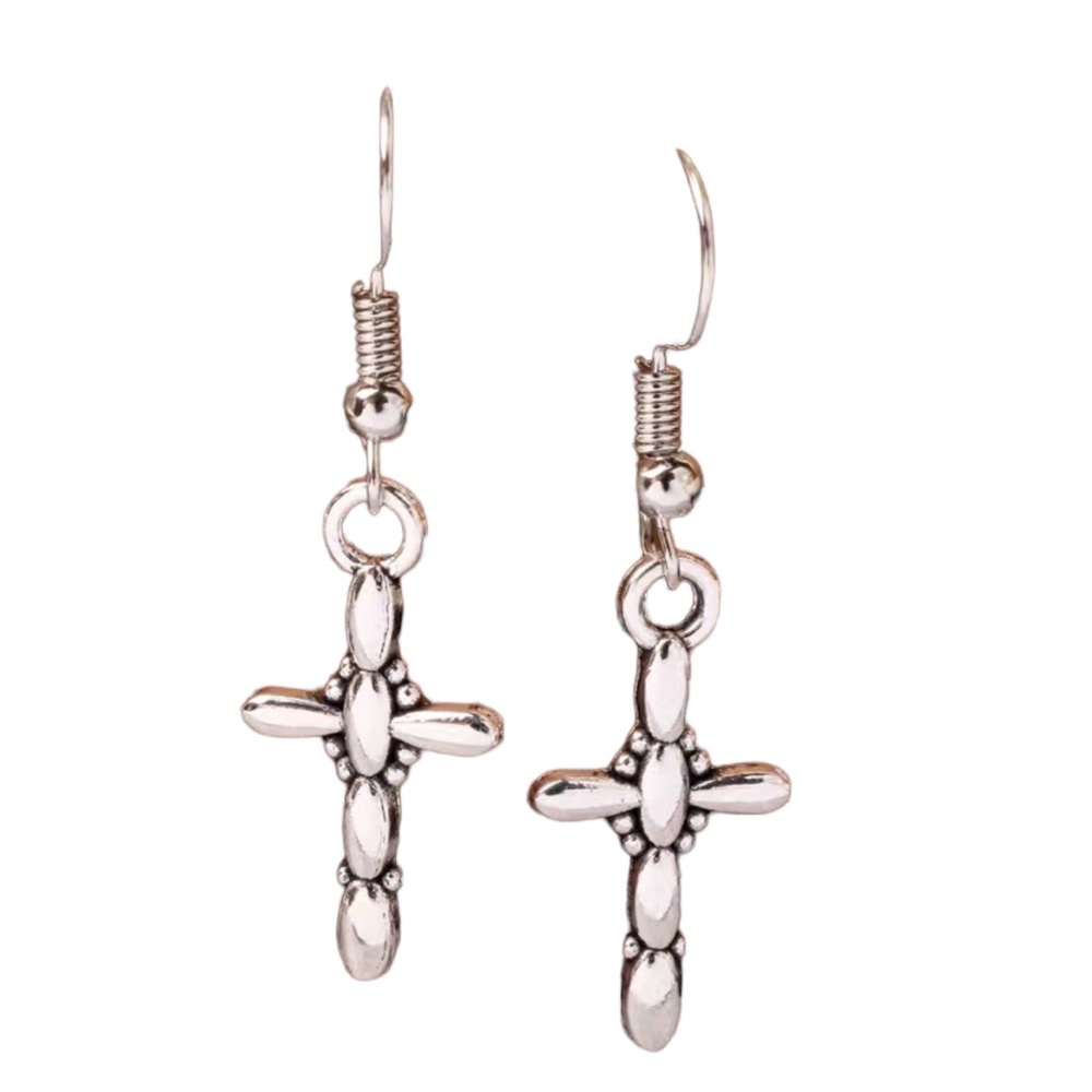 Silver Christian Cross Design Drop Earrings - Picture 4 of 4